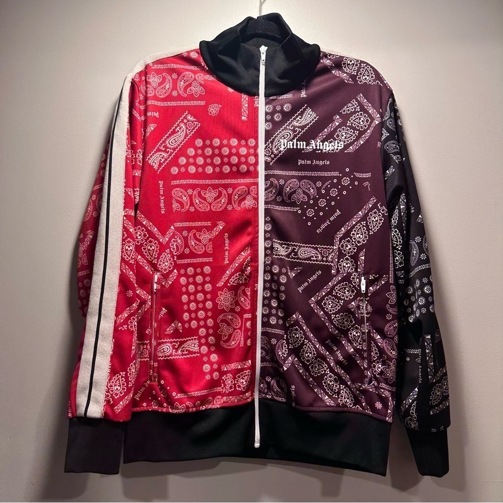 Palm Angels Bandana Track Jacket Zip Up Maroon & Red, Striped Sleeves XL Unisex - Picture 3 of 16
